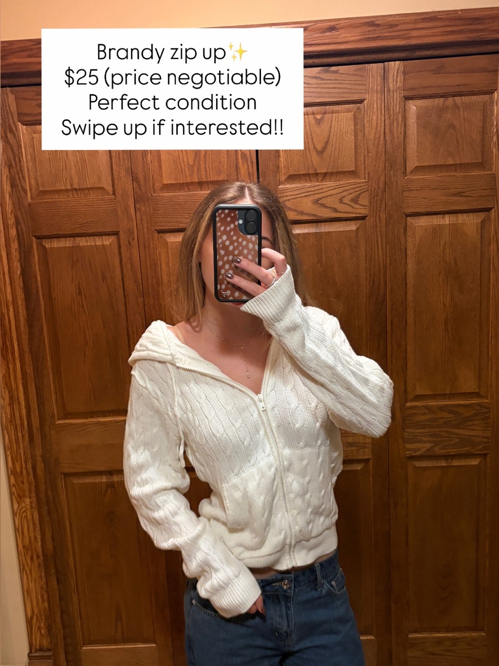 Brandy Melville Cream Cable Zip-Up Hoodie